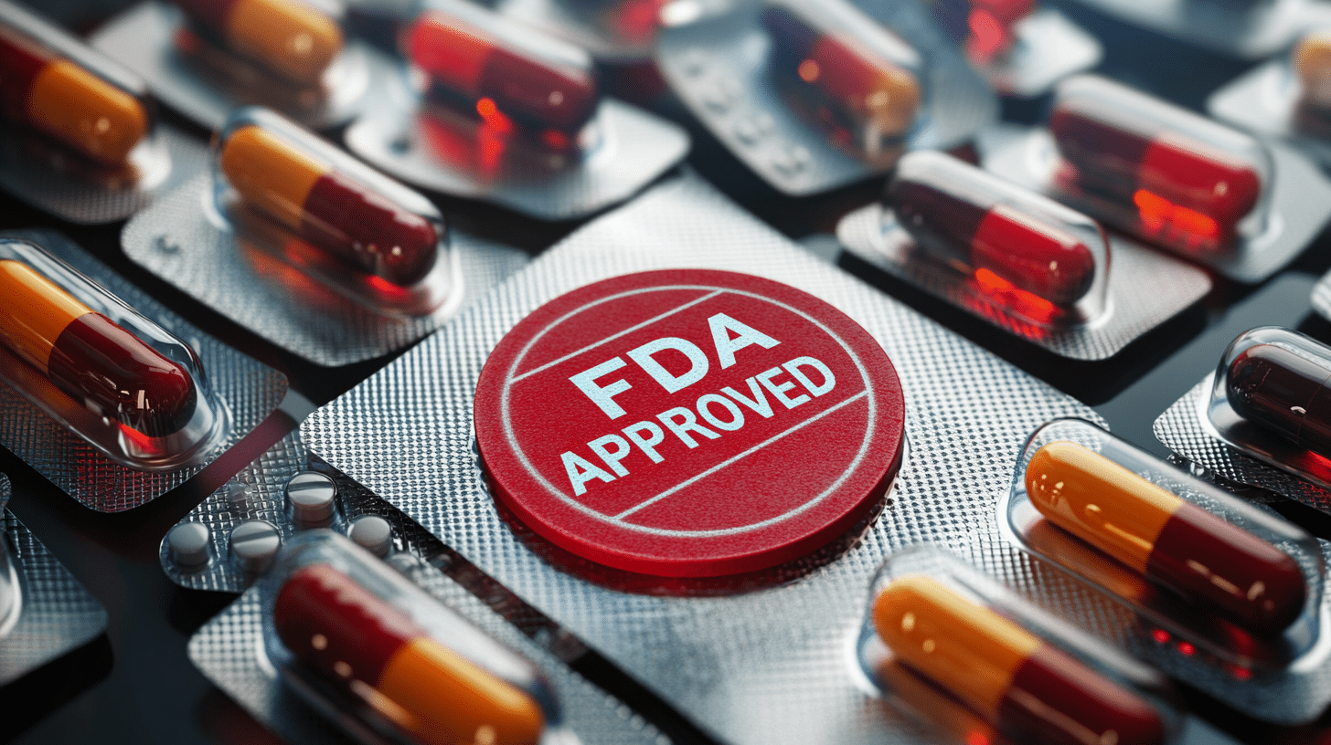 an image of FDA-approved medication concept, with a rubber stamp marked "FDA APPROVED" on a surface, surrounded by pill bottles and blister packs of capsules, representing certified pharmaceutical products.