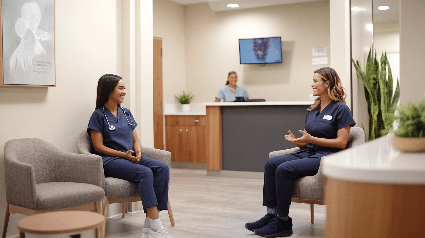 two nurse practitioner in a clinic lobby