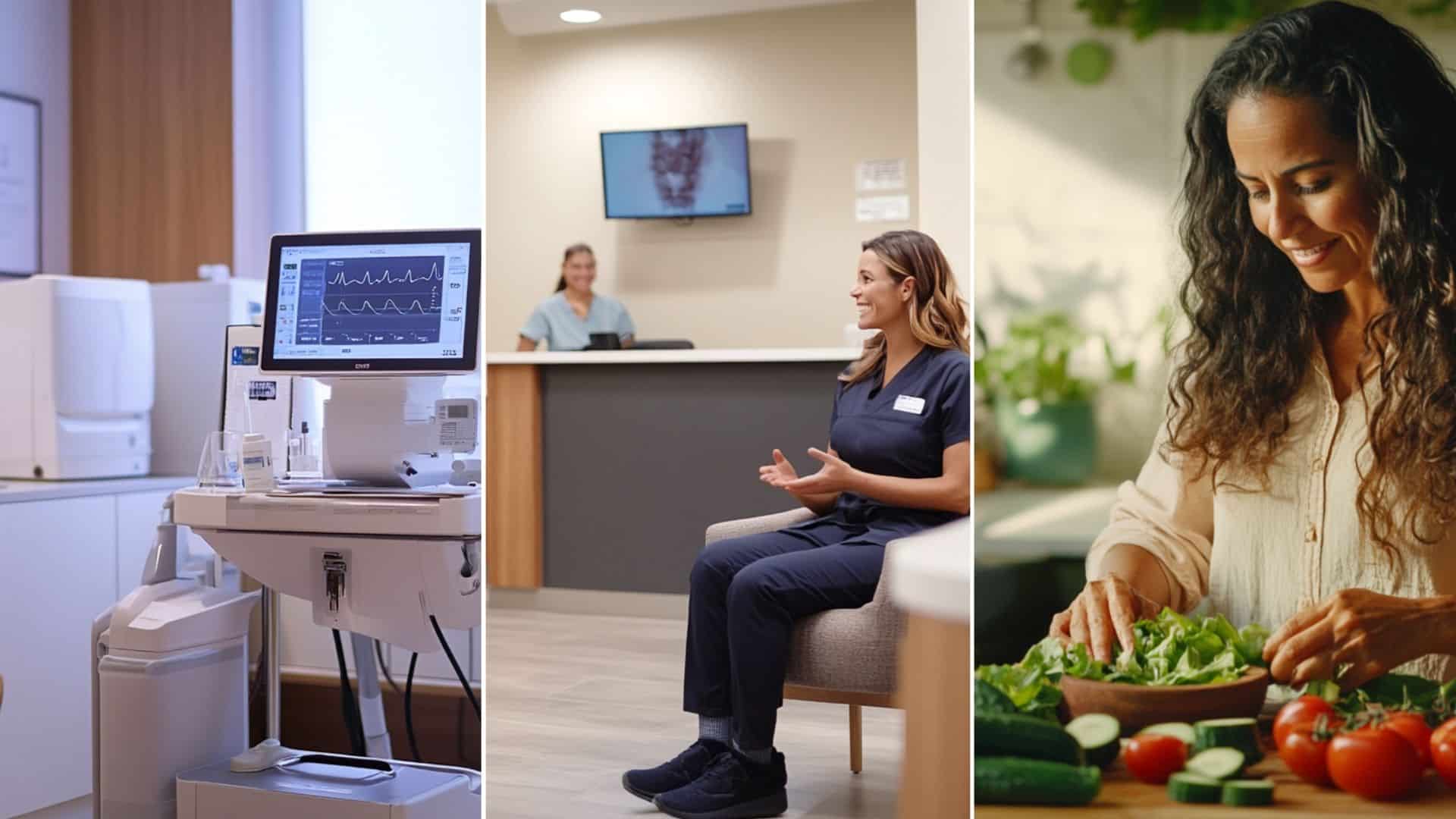 a Hispanic woman preparing her salad in the kitchen countertop. a semaglutide clinic setting. two nurse practitioner in a clinic lobby