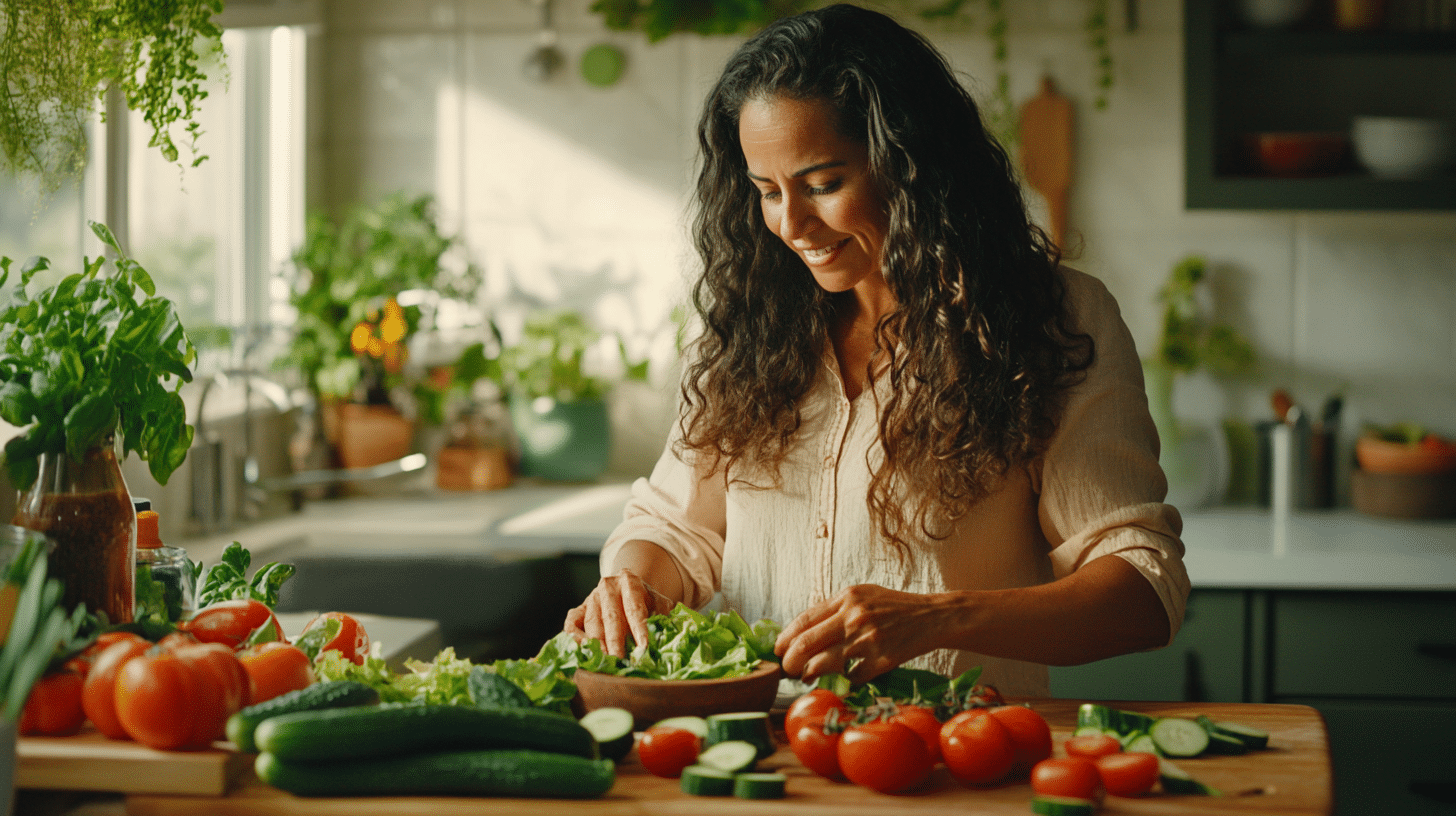 a Hispanic woman preparing her salad in the kitchen countertop