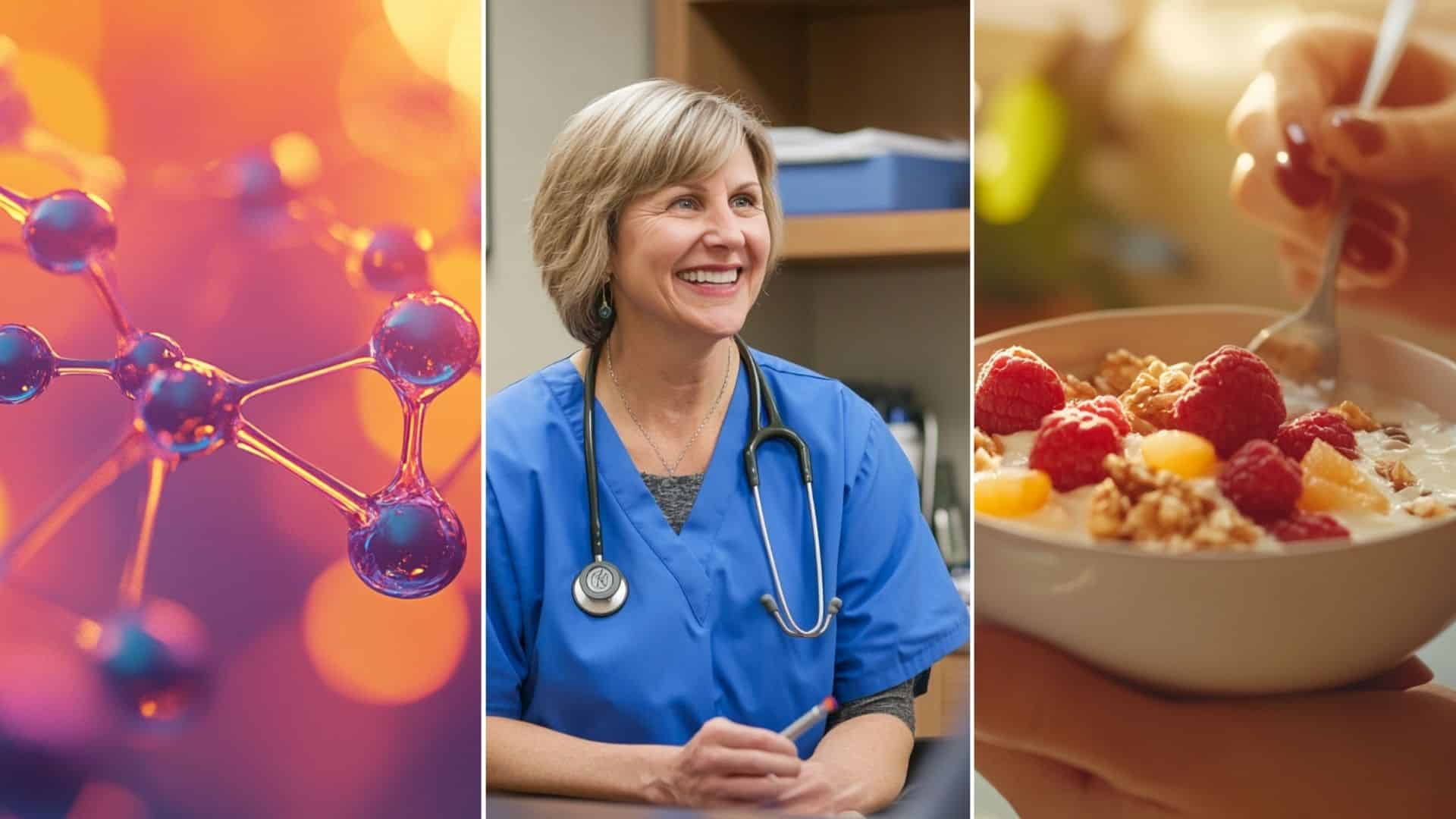 A nurse practitioner talking to a patient in a clinic setting. Show a friendly consultant wearing a blue scrub interacting with a client in a comfortable, well-designed consultation room. close-up image of an insulin peptide hormone molecule, showing protein structure, in a realistic 3D scientific style a positive scene showing balanced eating habits and reduced appetite, featuring a person enjoying a small, healthy meal, feeling satisfied and happy.