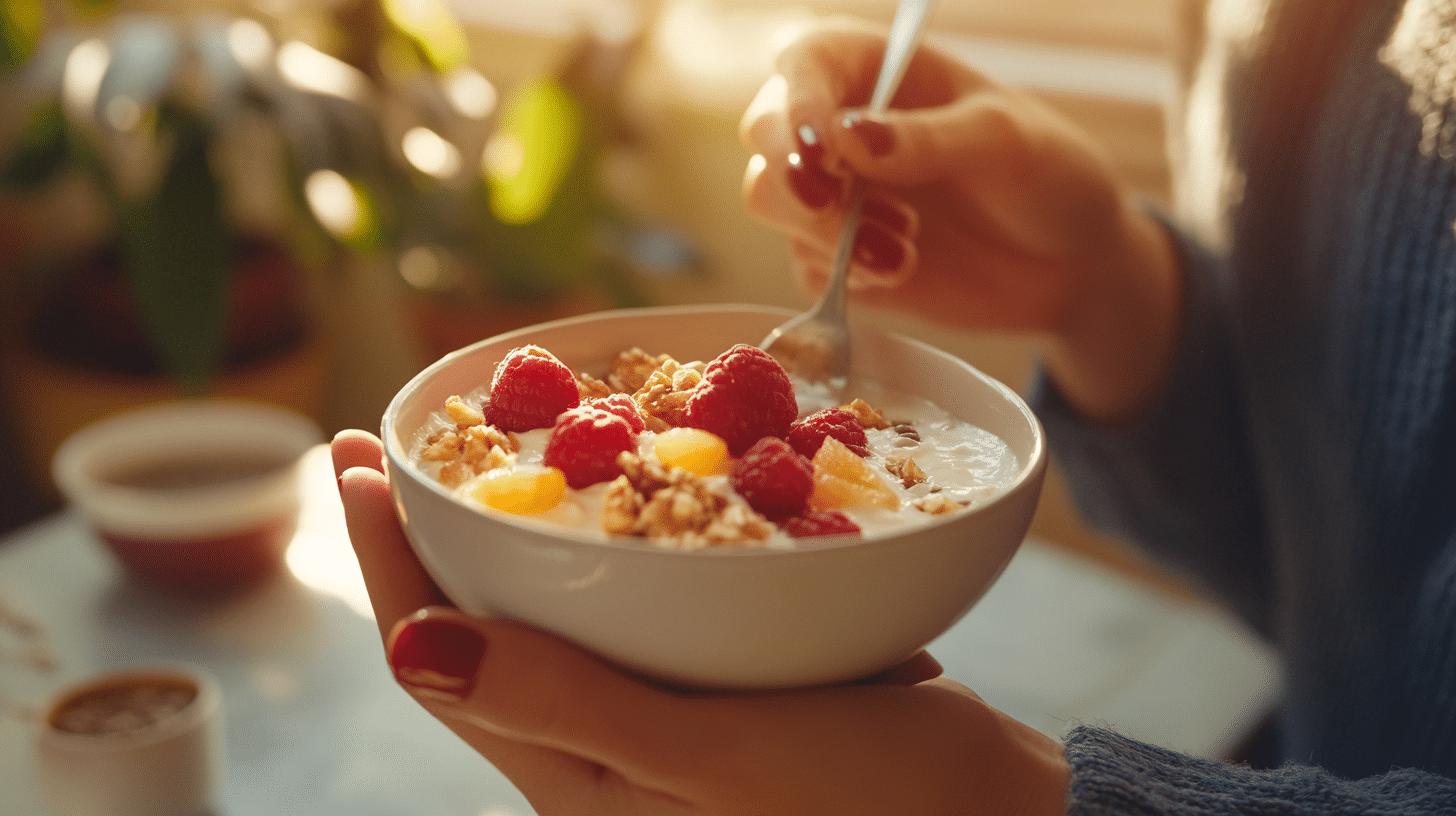 a positive scene showing balanced eating habits and reduced appetite, featuring a person enjoying a small, healthy meal, feeling satisfied and happy.