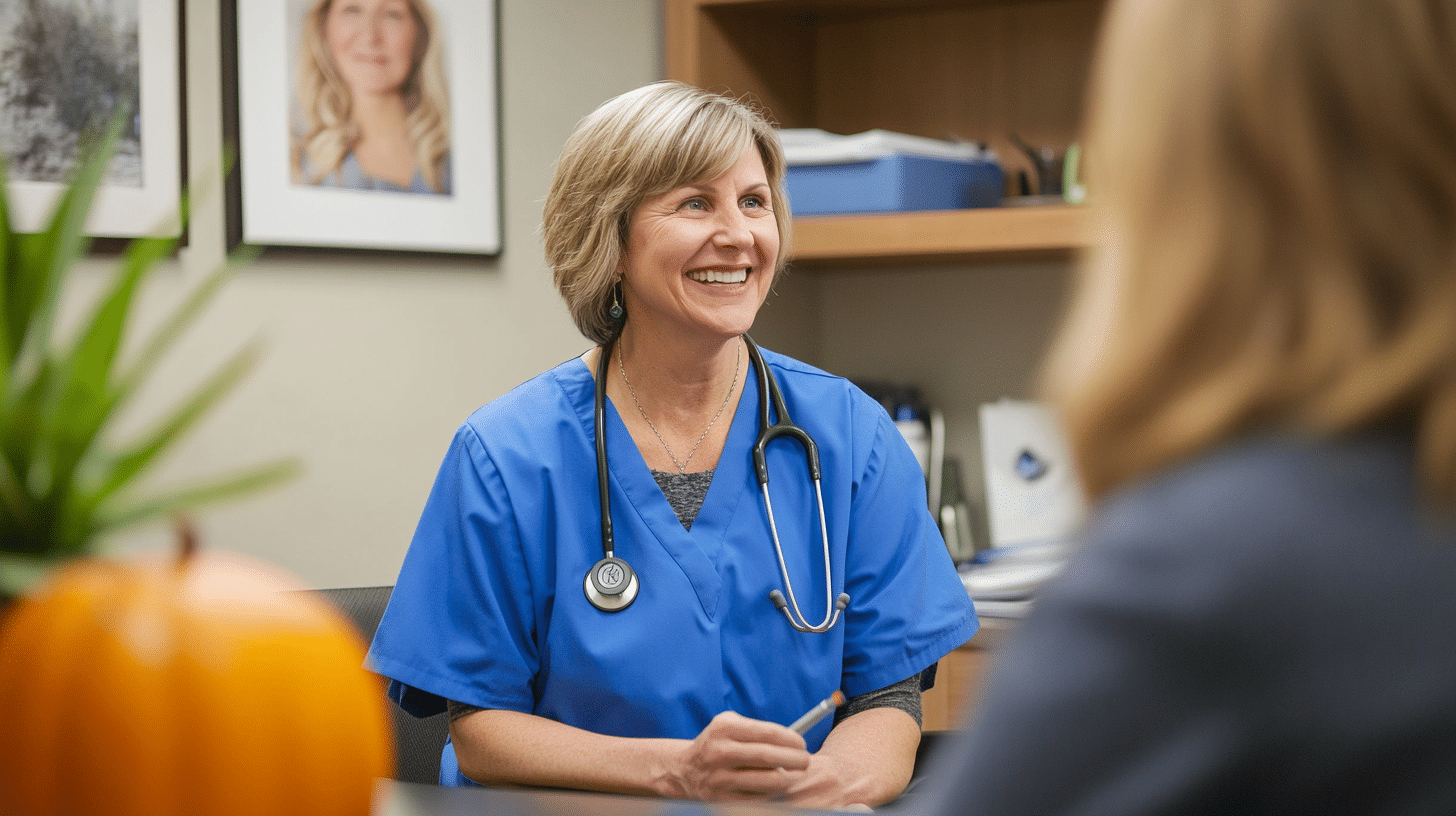 A nurse practitioner talking to a patient in a clinic setting. Show a friendly consultant wearing a blue scrub interacting with a client in a comfortable, well-designed consultation room.