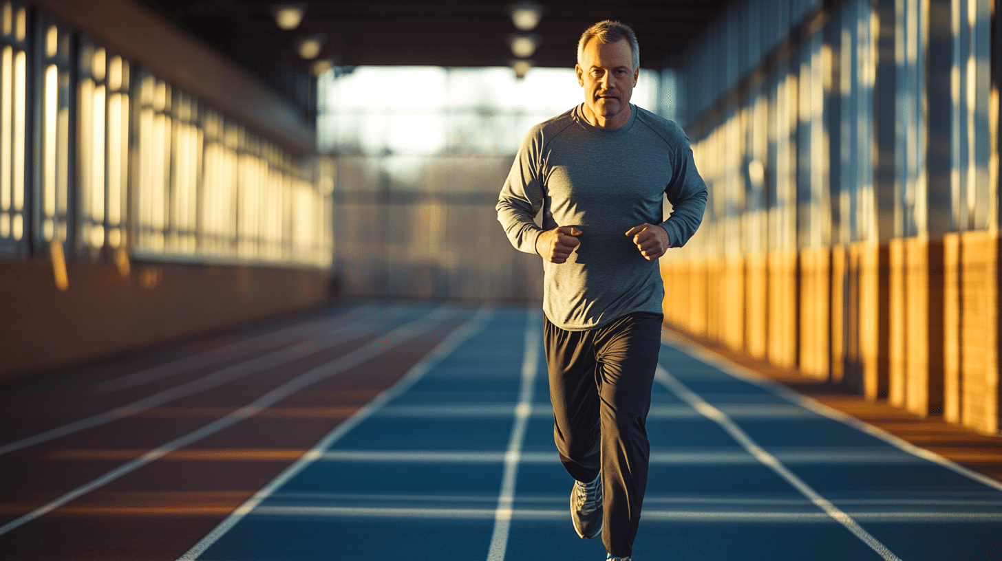 A middle-aged man running on a track.