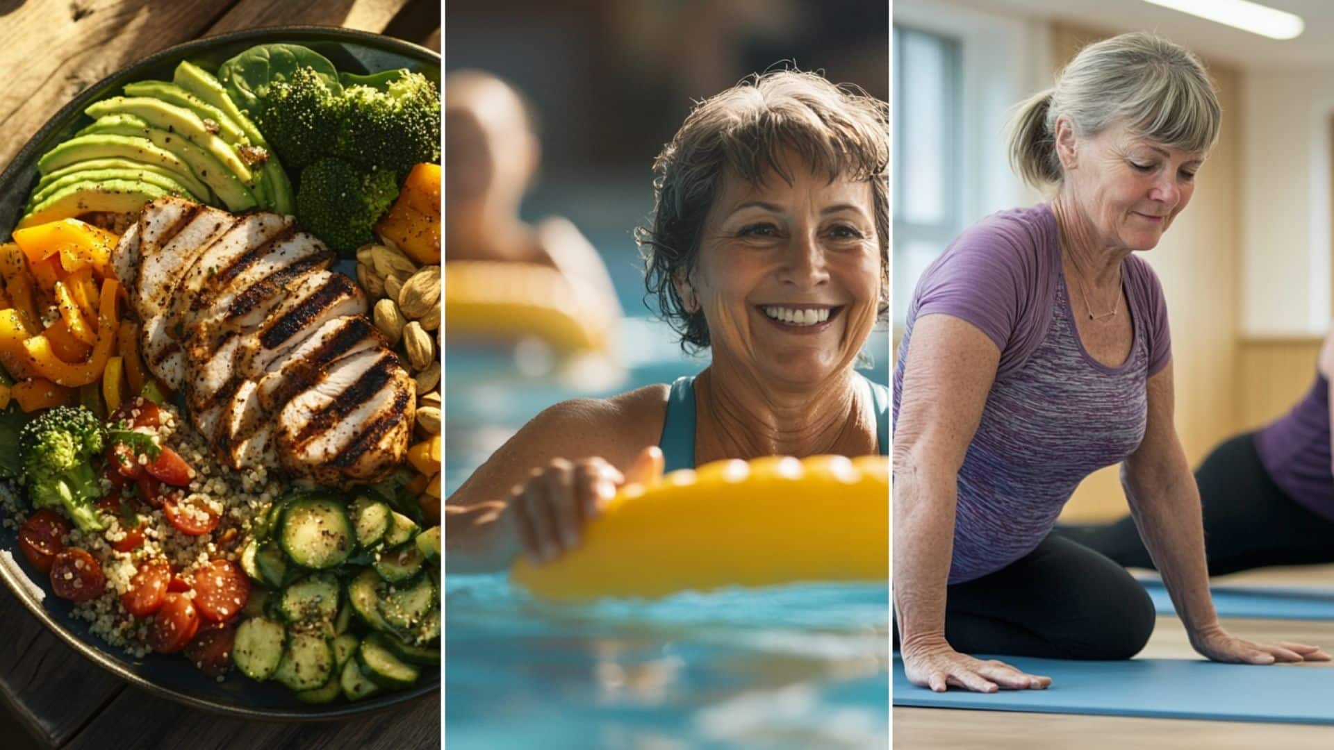 Image of a balanced meal on a plate set in a beautiful picnic setting. The plate is divided into sections: one half filled with fresh non-starchy vegetables like spinach, broccoli, and colorful bell peppers. Middle-aged women practicing Pilates on mats in a classroom setting. The walls have a Nordic wooden design, with simple, light wooden panels. The atmosphere is calm and inviting, with natural light filling the space. A 50 year old woman joyfully participating in a water aerobics class in a large, crystal-clear swimming pool at a club. He is exercising with a yellow pool noodle, smiling as he engages in the activity.