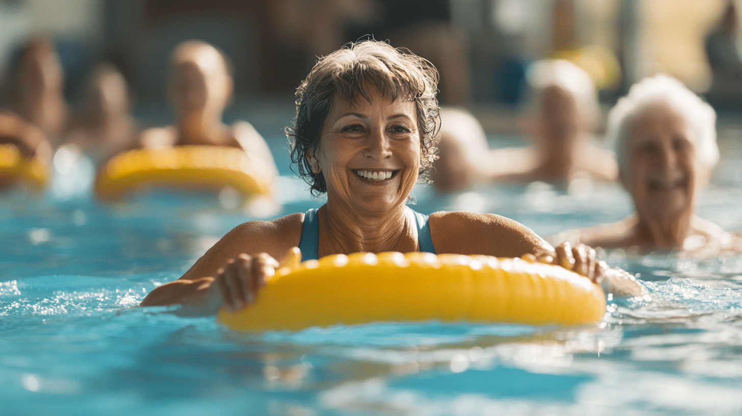 A 50 year old woman joyfully participating in a water aerobics class in a large, crystal-clear swimming pool at a club. He is exercising with a yellow pool noodle, smiling as he engages in the activity.