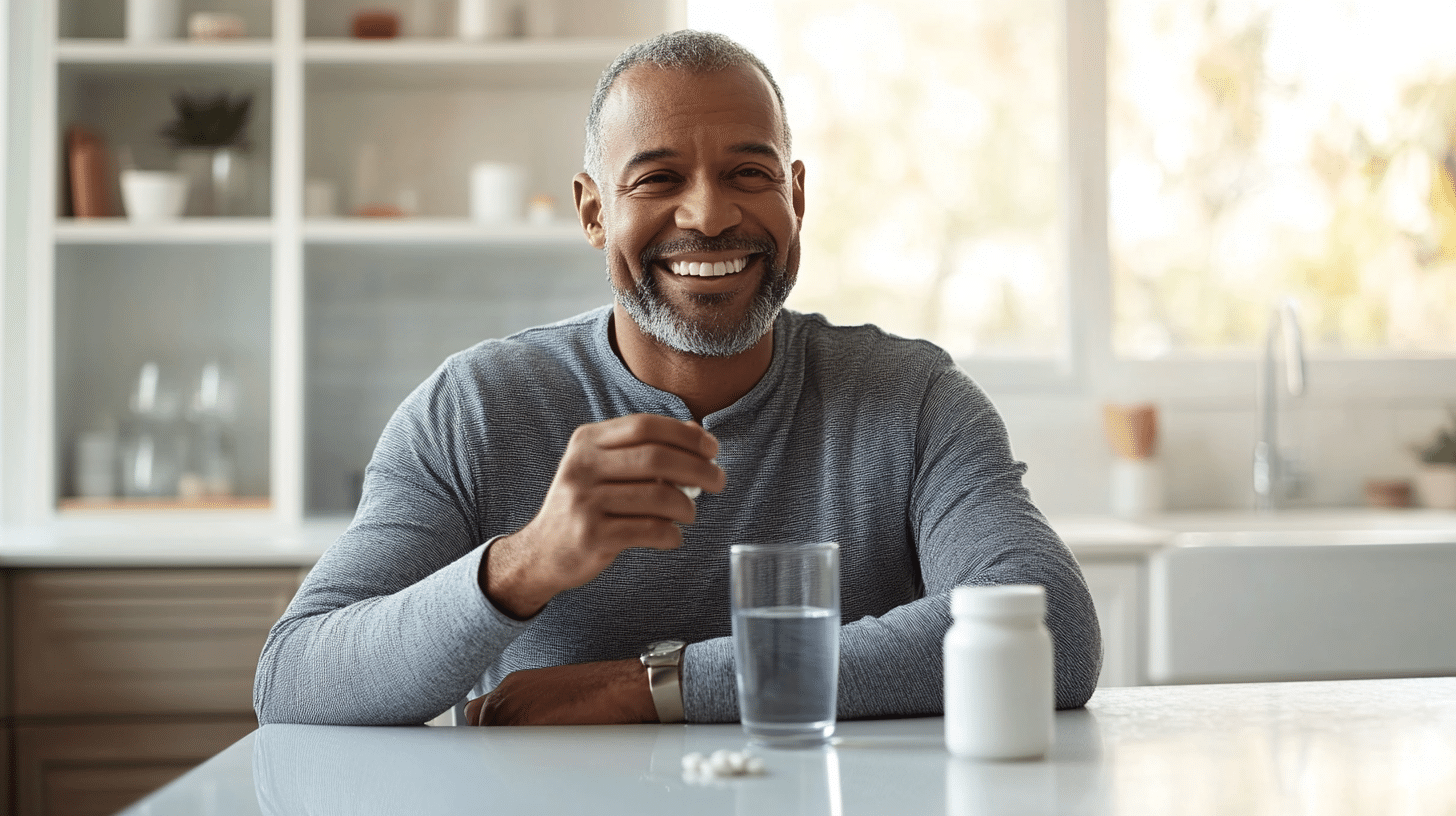 An optimistic man in his 50s, smiling as he takes his daily medication. He is sitting at a bright, cozy kitchen table, with a glass of water in hand and a pill bottle beside him.