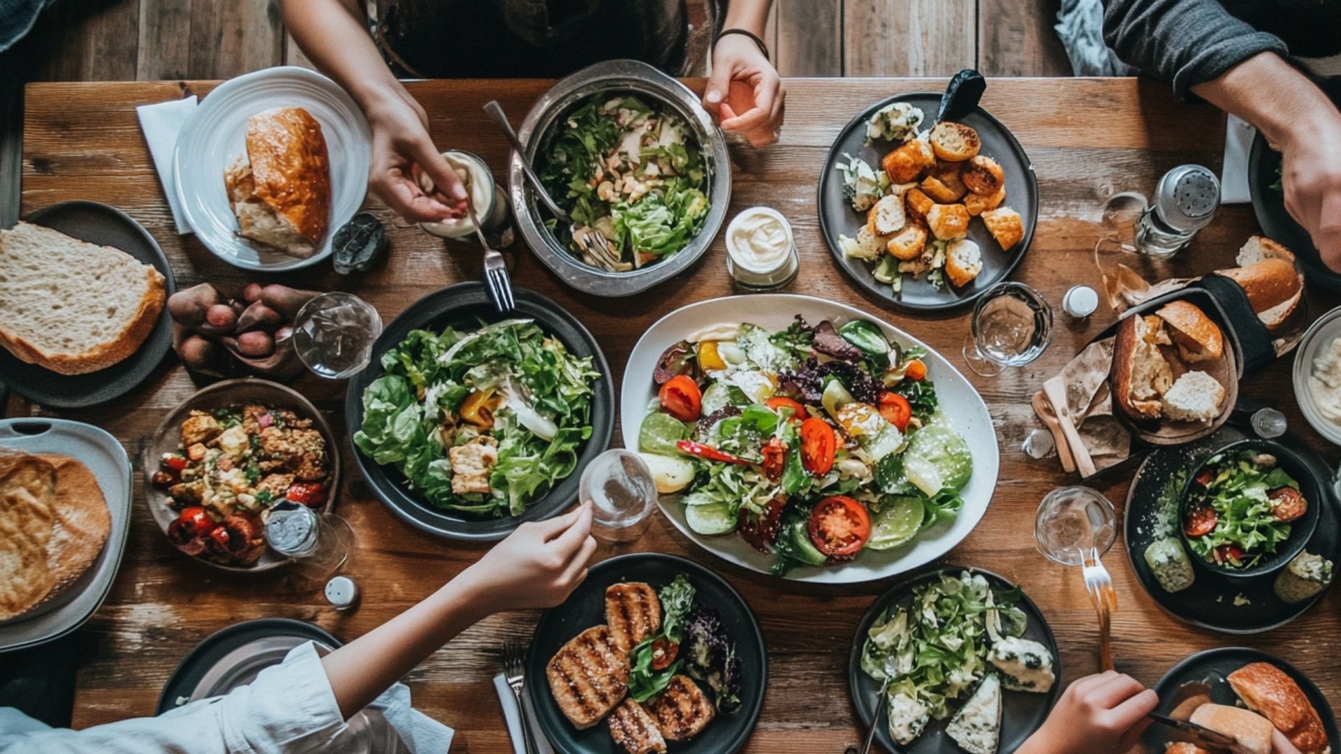 Photo taken directly above a bright family eating at a dining table, with mayonnaise and salad on the table.