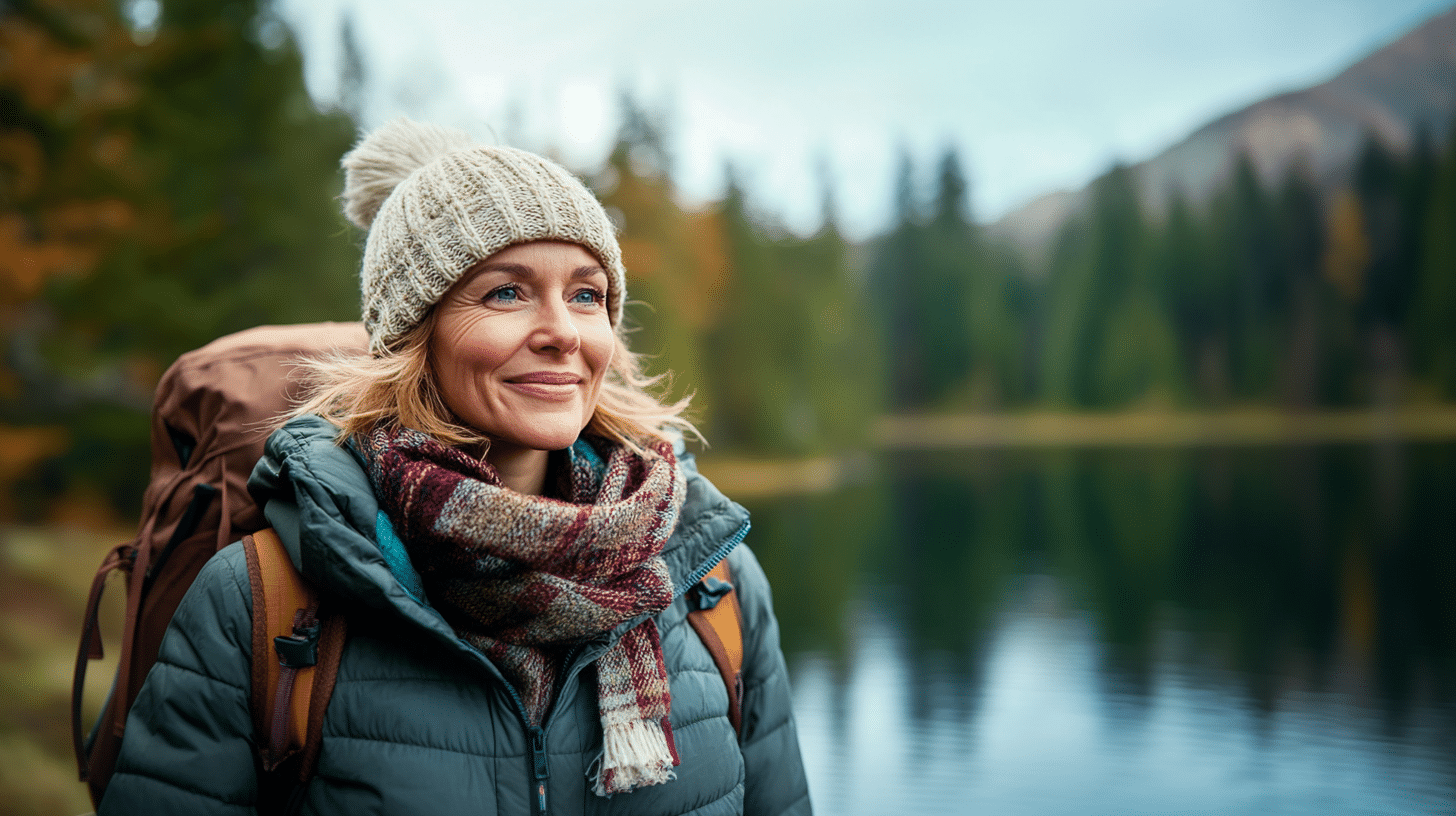 A beautiful woman doing a hike by herself.