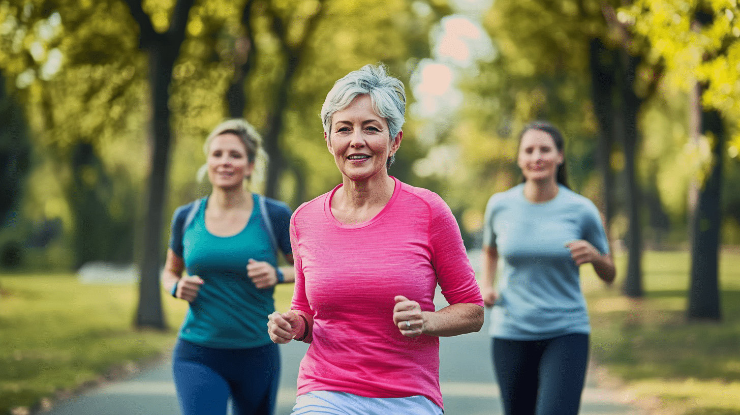 A group of middle-aged woman walking at the park.