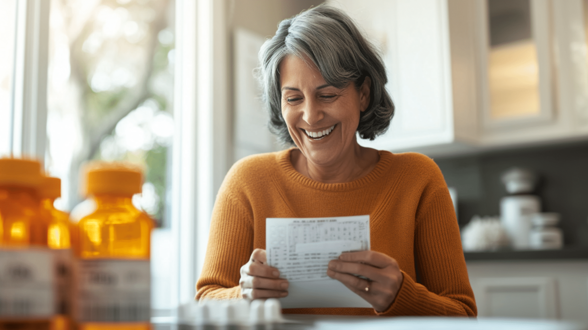 A middle-aged woman looking at the med certificate.