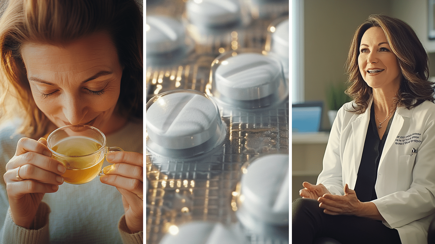 A woman in her 50s is tasting green tea, a set of medication pills, and a weight loss doctor discussing medication types to her patient.