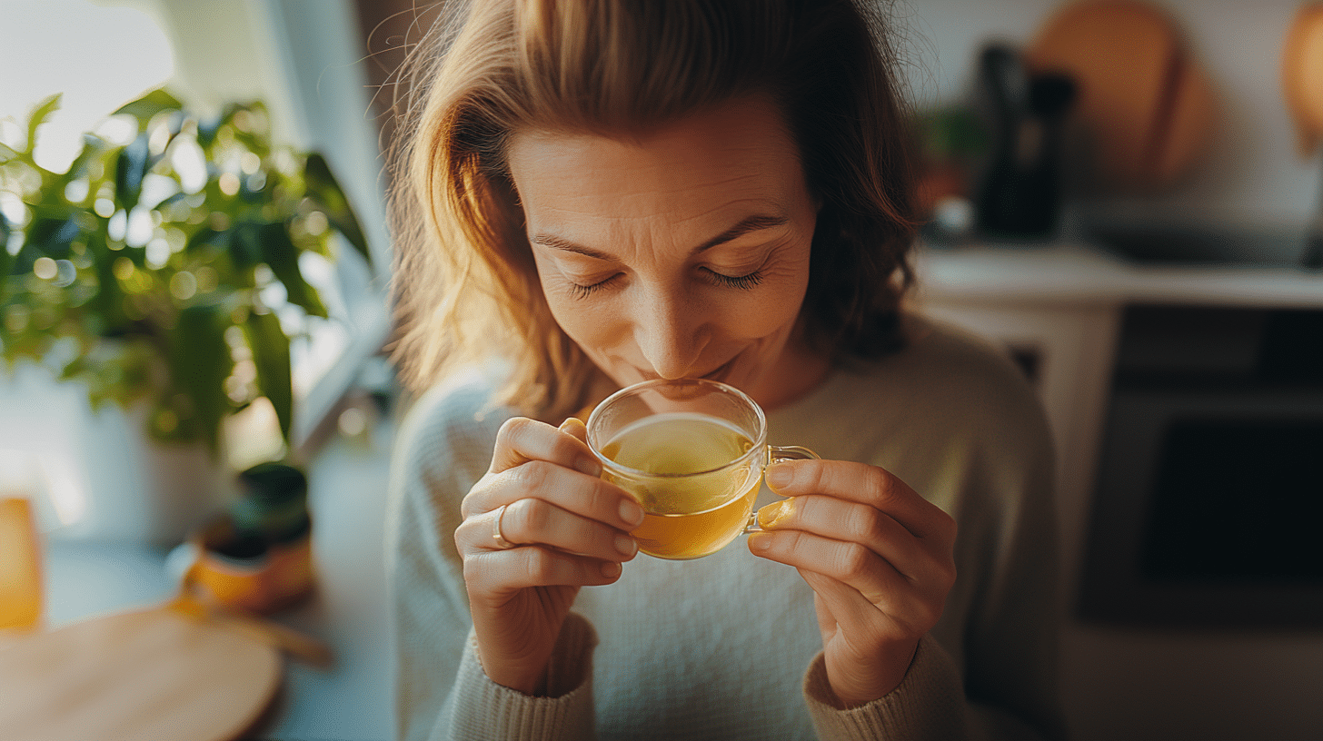 A woman in her 50s is tasting green tea which is one of the natural metabolism booster.