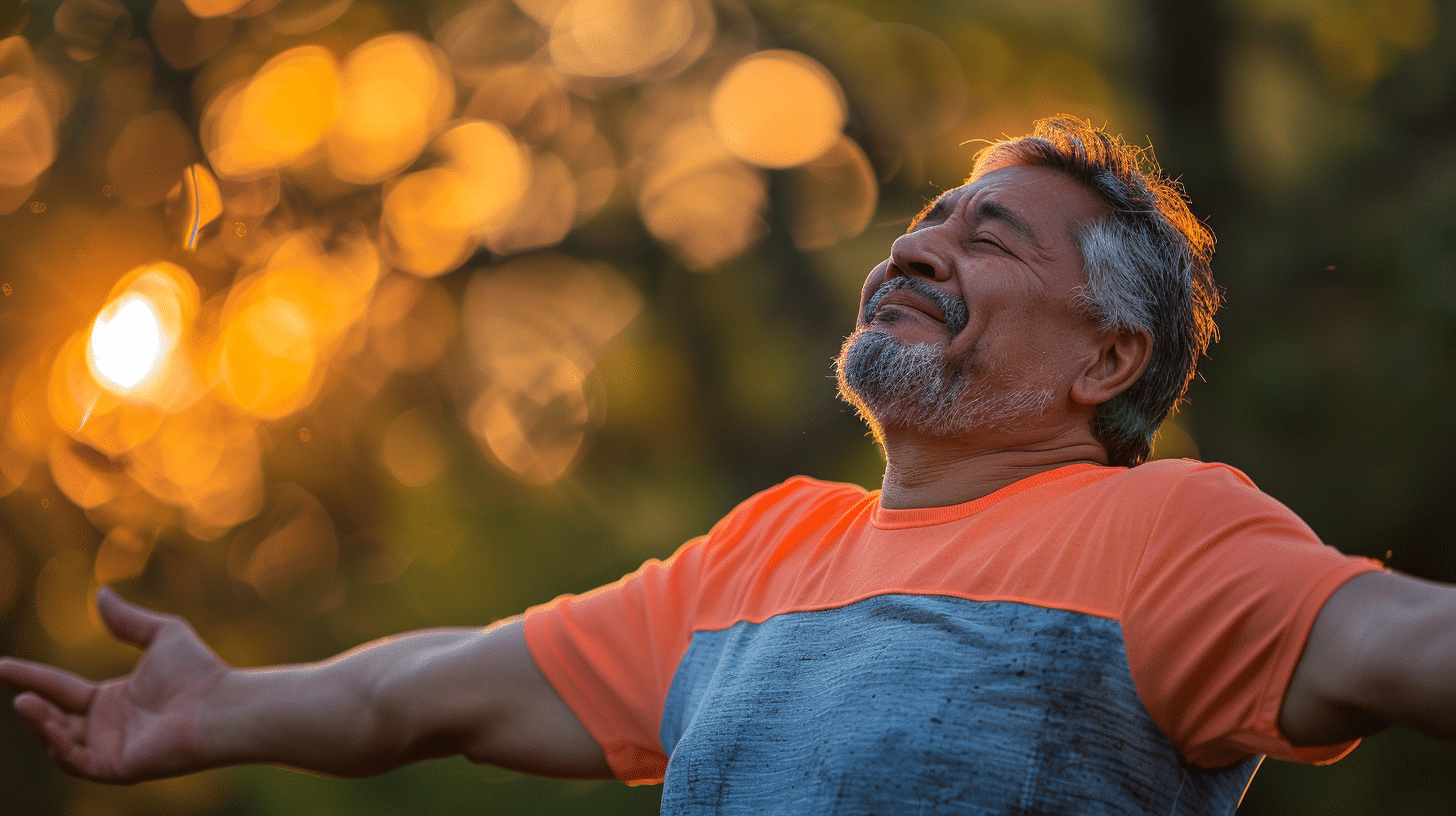 A Hispanic man in mid 50-60's in running position, hands in the air, expression of relief, eyes closed with a smile, wearing sportswear, breathing deep air.