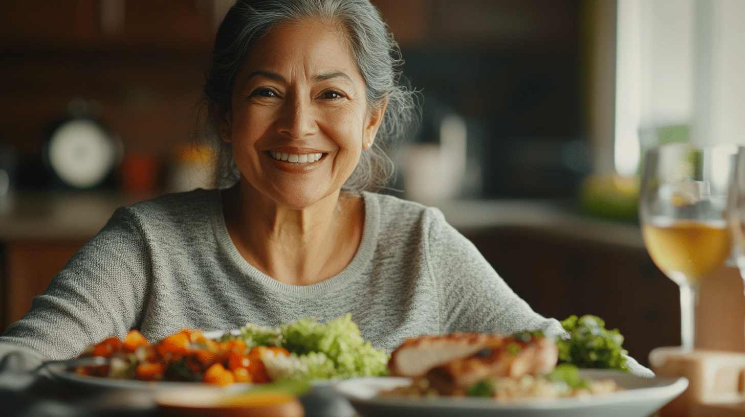 an image of a balanced meal designed to increase satiety, featuring lean grilled chicken, quinoa, colorful roasted vegetables (like broccoli, carrots, and bell peppers), and avocado.