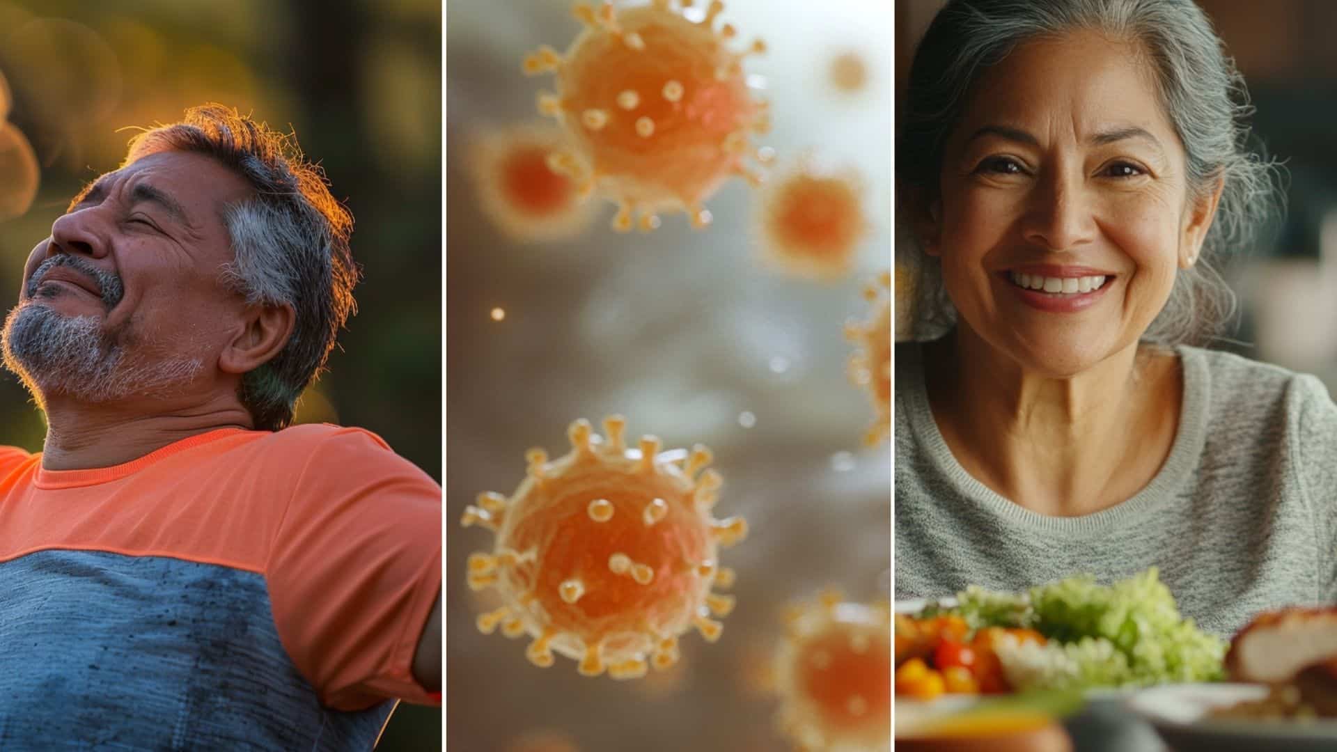 A Hispanic man in mid 50-60's in running position, hands in the air, expression of relief, eyes closed with a smile, wearing sportswear, breathing deep air. an image of a balanced meal designed to increase satiety, featuring lean grilled chicken, quinoa, colorful roasted vegetables (like broccoli, carrots, and bell peppers), and avocado. Close-up of human cells with fat molecules being broken down by enzymes, reducing fat absorption. Highlight the liver and intestines processing fat, with glowing light effects and a clean, neutral background. Hyper-realistic, scientific style.