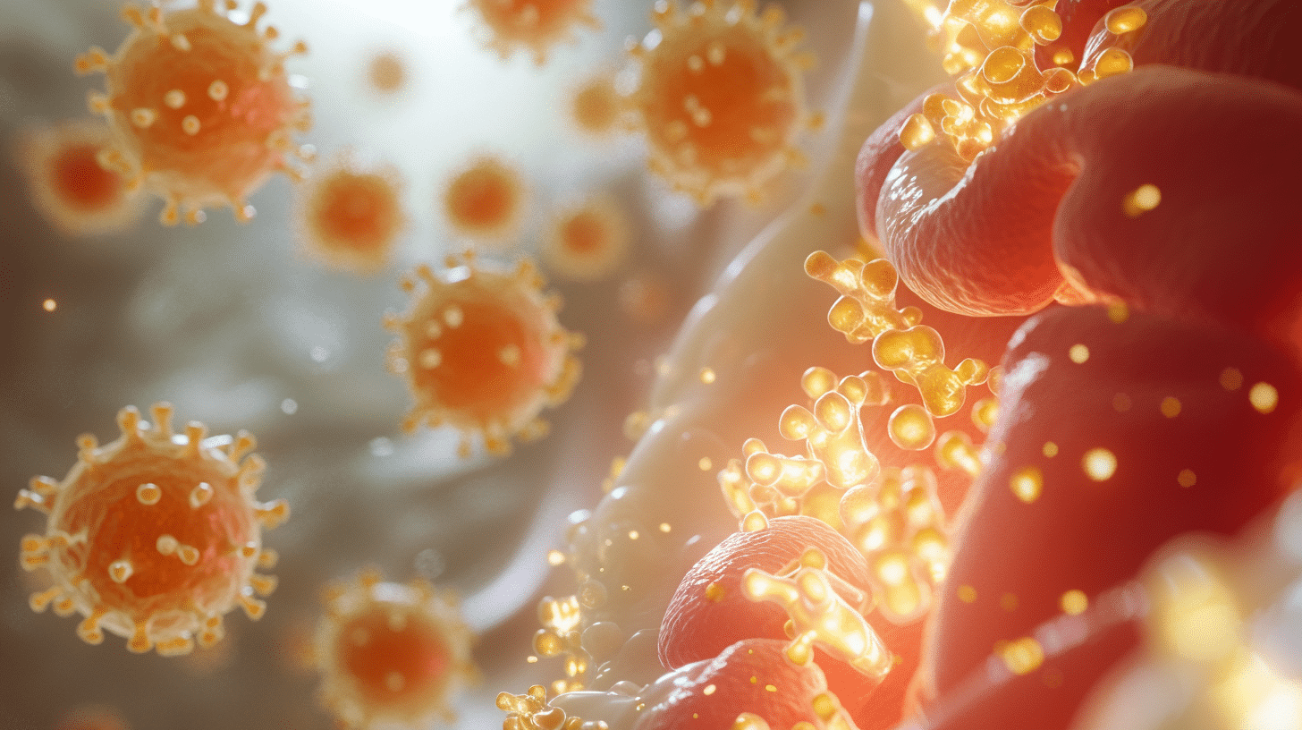 Close-up of human cells with fat molecules being broken down by enzymes, reducing fat absorption. Highlight the liver and intestines processing fat, with glowing light effects and a clean, neutral background. Hyper-realistic, scientific style.