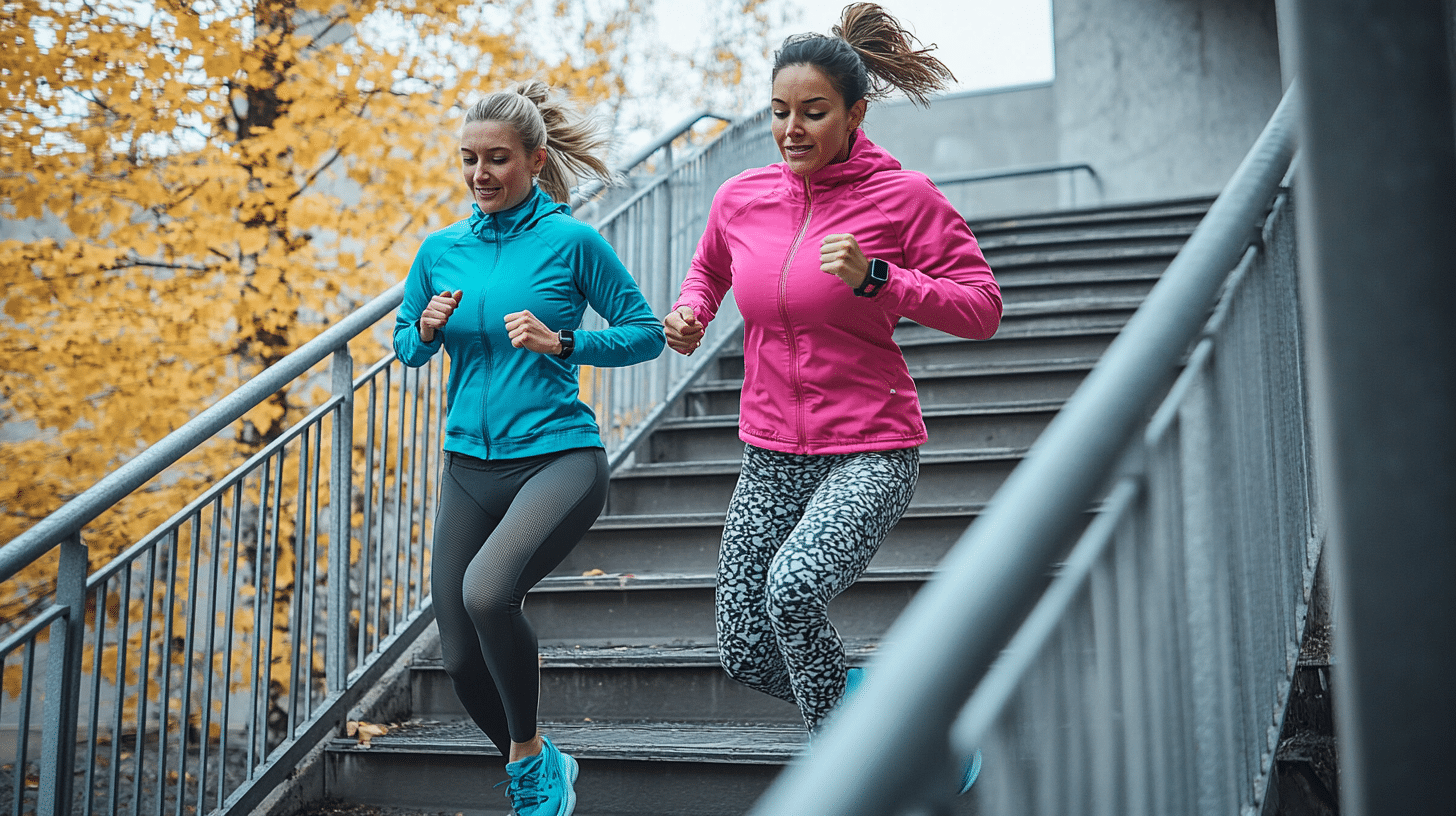 A dynamic scene of two women running up outdoor metal stairs in an urban setting. One woman wears a bright pink athletic jacket with patterned gray leggings, and the other wears a turquoise blue jacket with black leggings.