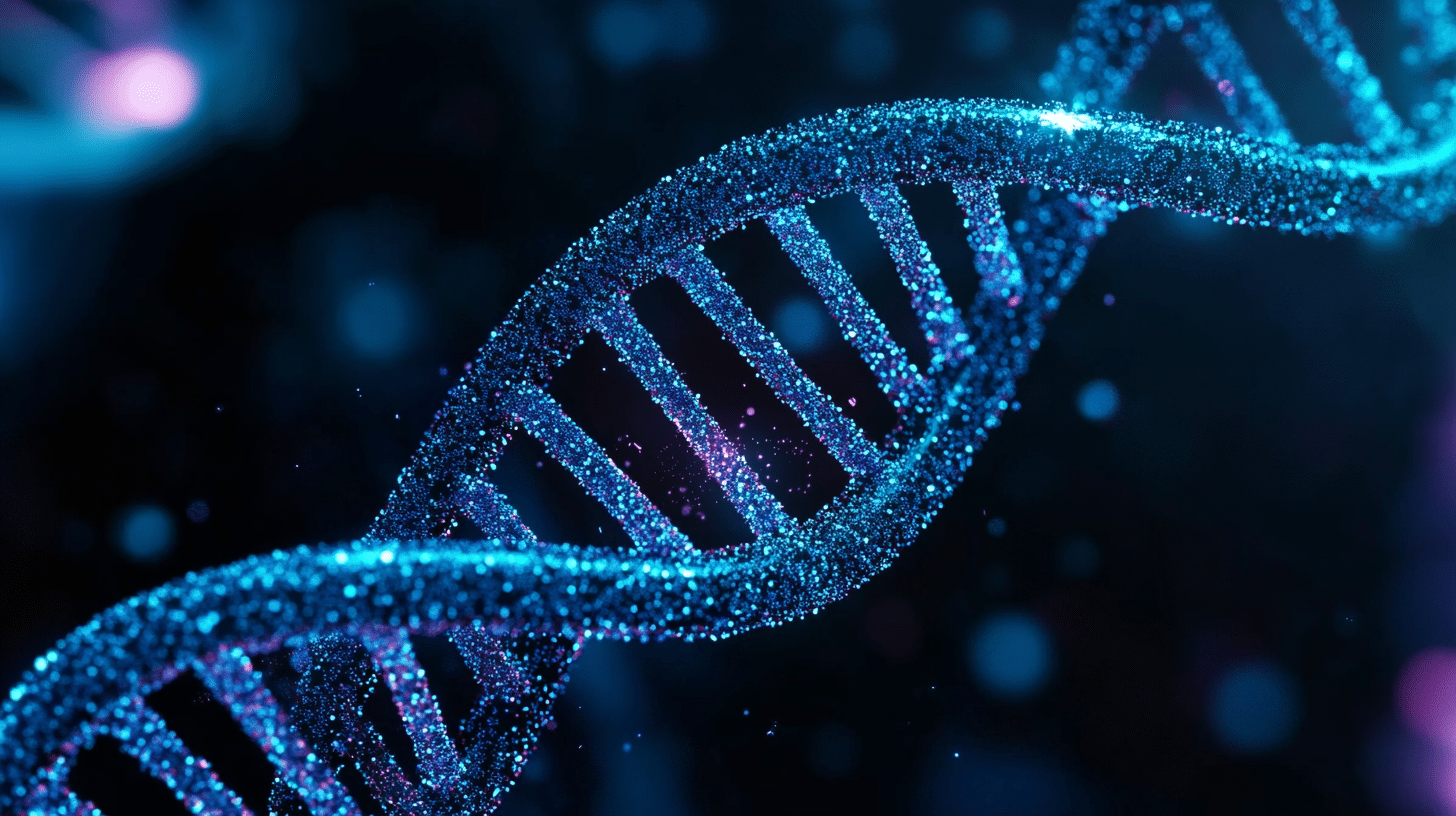 Highly detailed, realistic 3D render of a DNA double helix structure, twisting and glowing with vibrant blue and purple hues.