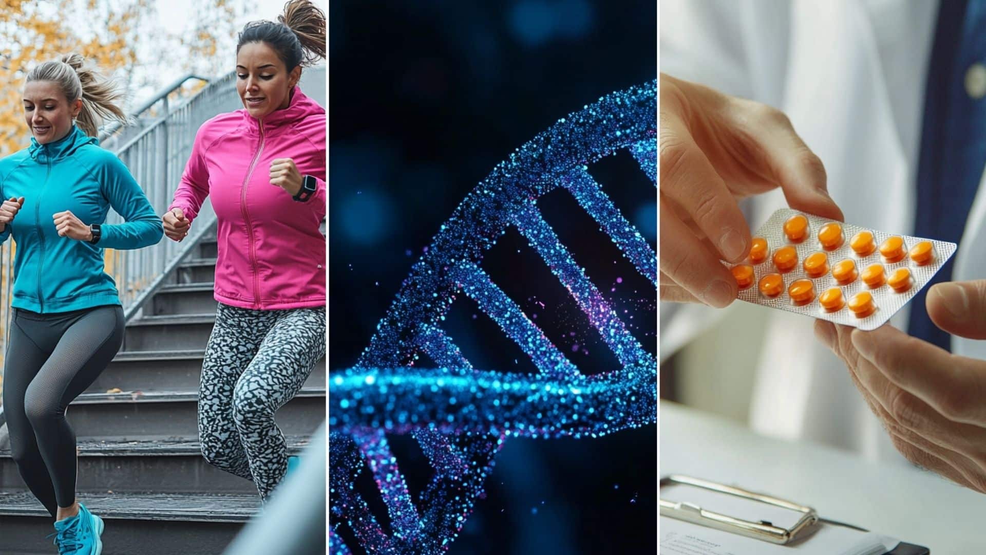 A dynamic scene of two women running up outdoor metal stairs in an urban setting. One woman wears a bright pink athletic jacket with patterned gray leggings, and the other wears a turquoise blue jacket with black leggings. Highly detailed, realistic 3D render of a DNA double helix structure, twisting and glowing with vibrant blue and purple hues. A close-up scene of a doctor in a white coat handing a blister pack of orange pills to a patient. The doctor’s hands are visible as they carefully pass the medication, emphasizing a caring, professional interaction in a clinical setting.