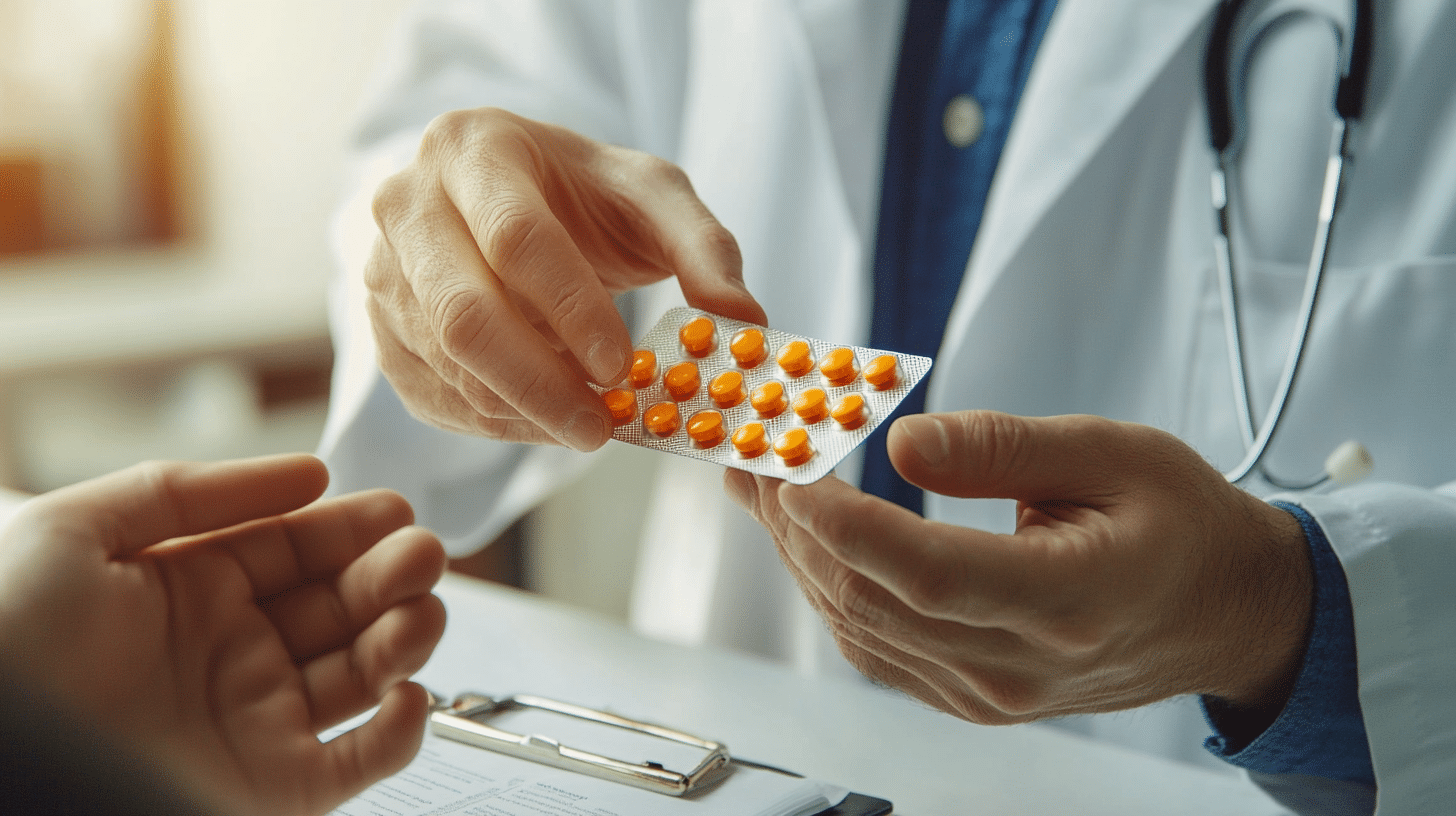 A close-up scene of a doctor in a white coat handing a blister pack of orange pills to a patient. The doctor’s hands are visible as they carefully pass the medication, emphasizing a caring, professional interaction in a clinical setting.