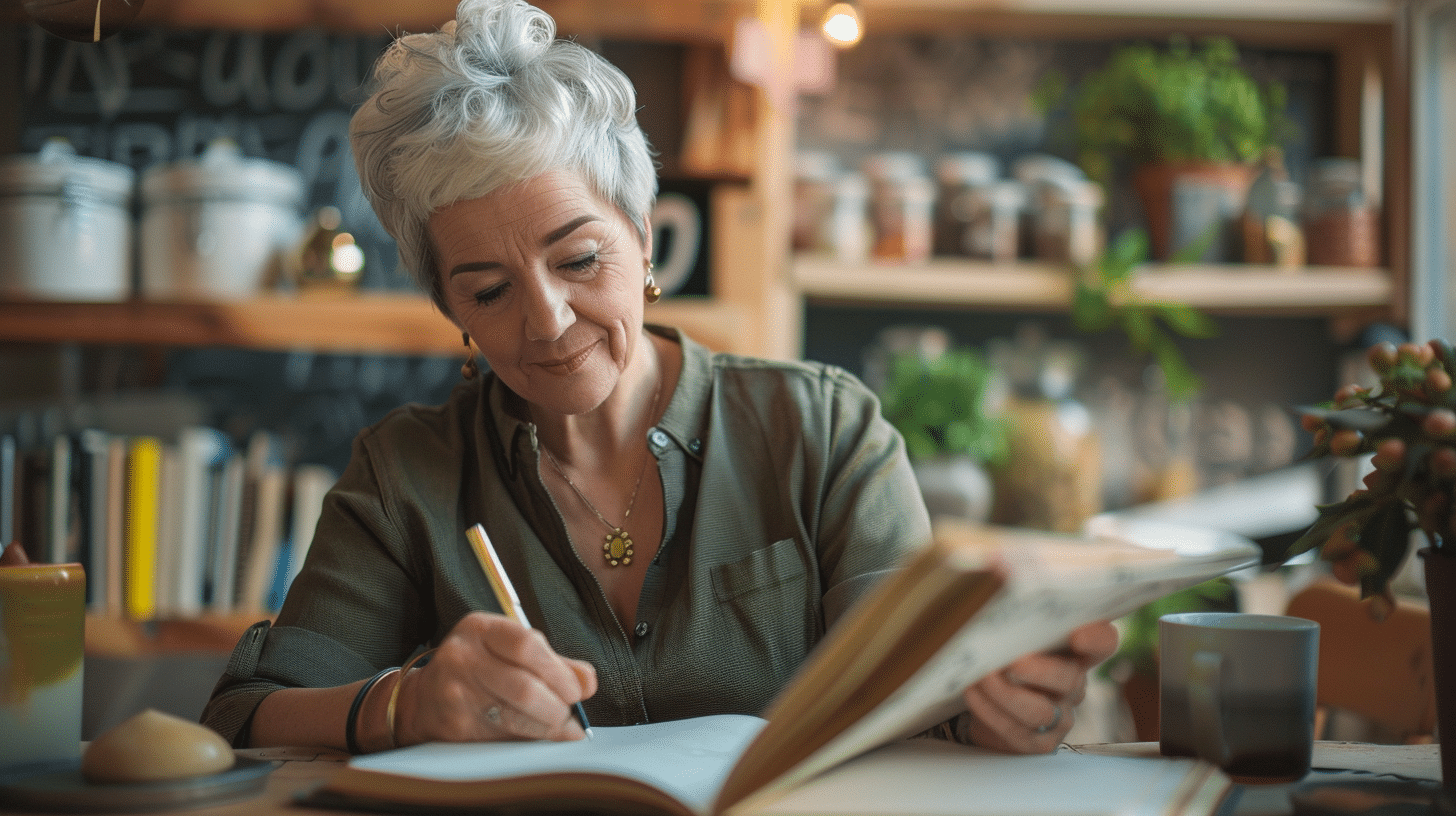 A middle-aged woman jotting down her thoughts in a journal to cope with stress and avoid emotional eating.