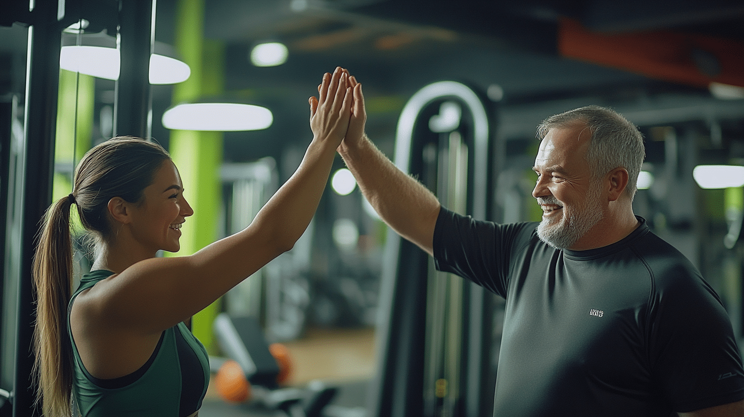 The fitness coach and a middle-aged man share a high-five, celebrating their teamwork and dedication to achieving weight management goals.