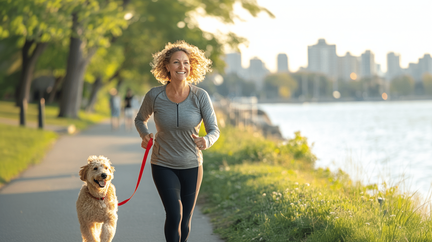 A middle aged woman running in the park with her dog.