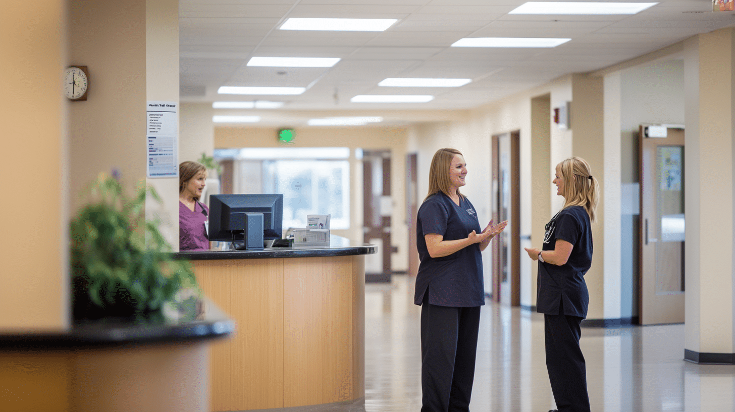 A busy clinic lobby and two nurses talking with each other.