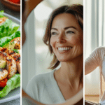 An image of a paleo diet in a plate, a woman in her 40s glowing with health and vitality after adopting the Paleo diet, a middle-aged woman is doing yoga in her living room at home.