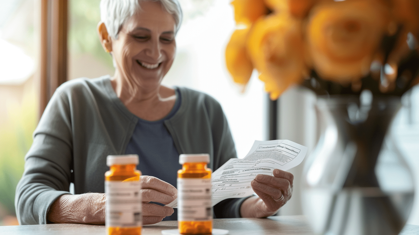 A woman in her 60's reading the medication adjustments from the prescription guidelines given to her by her weight loss doctor.