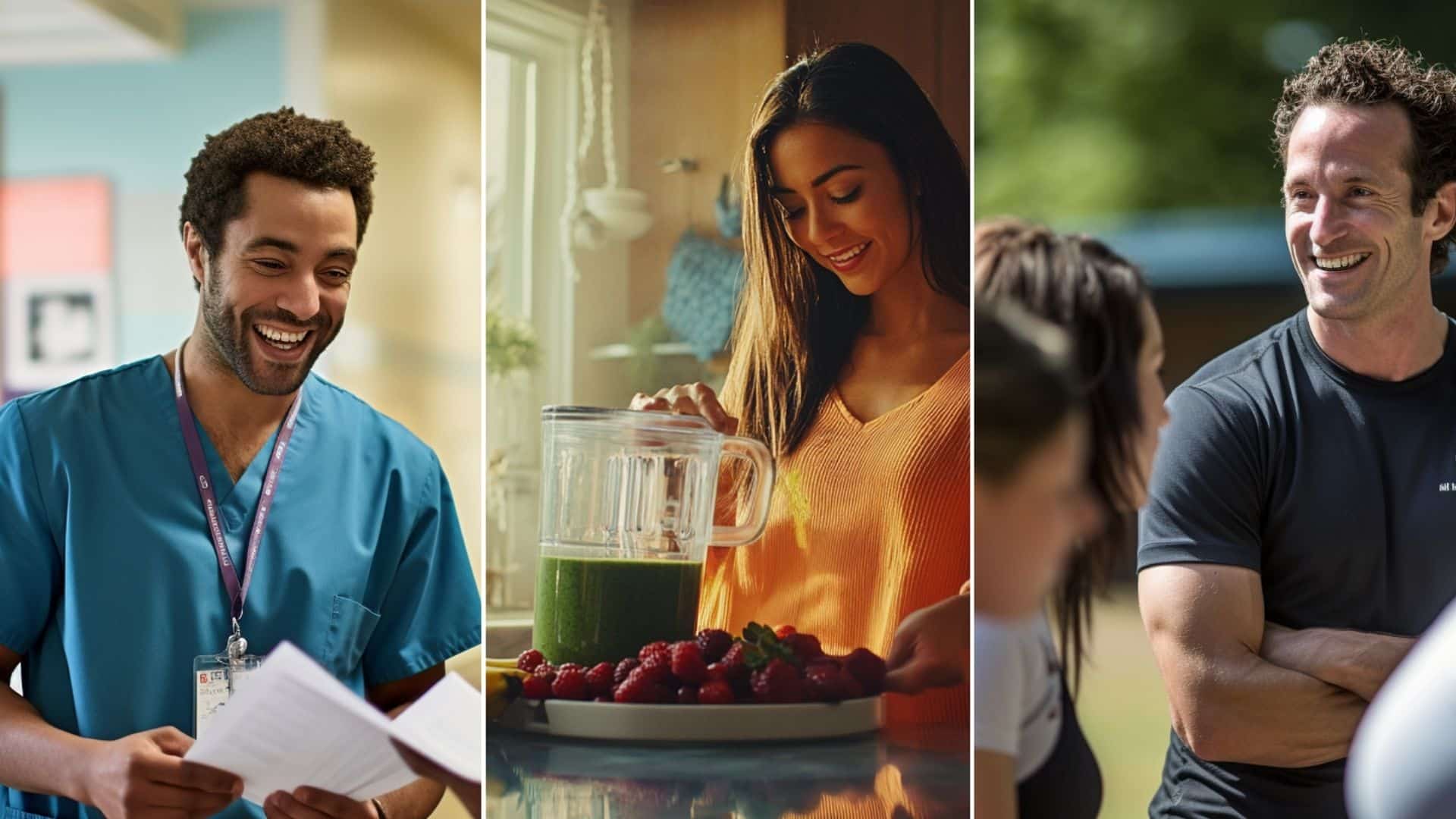 A nurse practitioner in a clinic talking to his colleague. A woman making her healthy smoothie. A group of people doing outdoor exercise with personal coach.