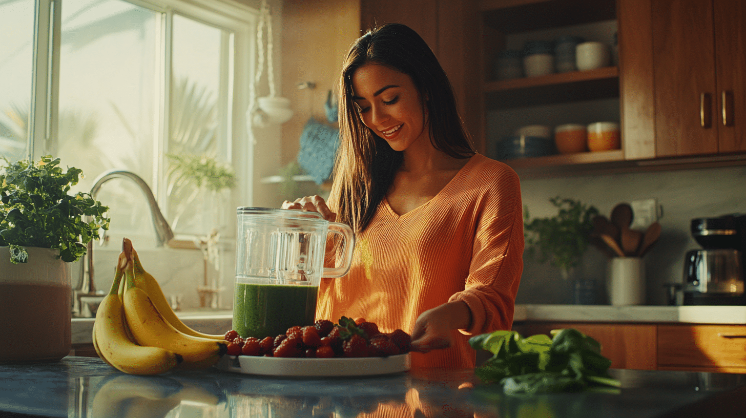 A woman making her healthy smoothie.