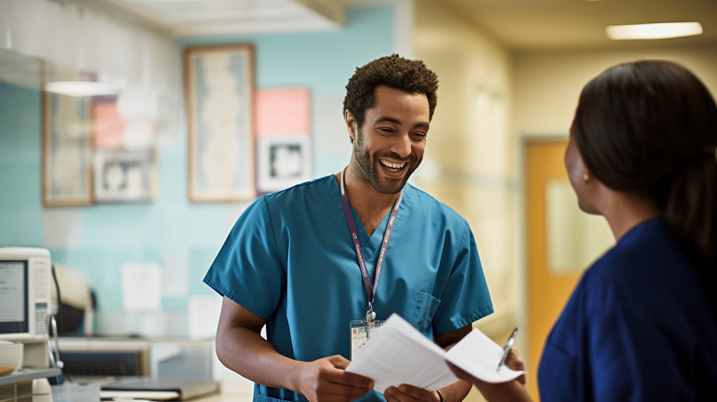 A nurse practitioner in a clinic talking to his colleague.