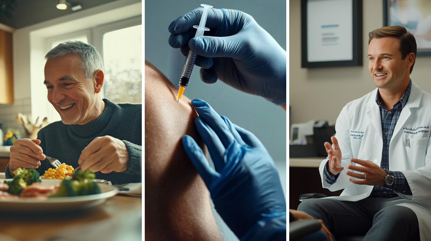 Middle aged couple eating a healthy meal, a weight loss clinician carefully administering a weight loss injection to a patient, a weight loss doctor doing follow-up assessment to his continuing patient.