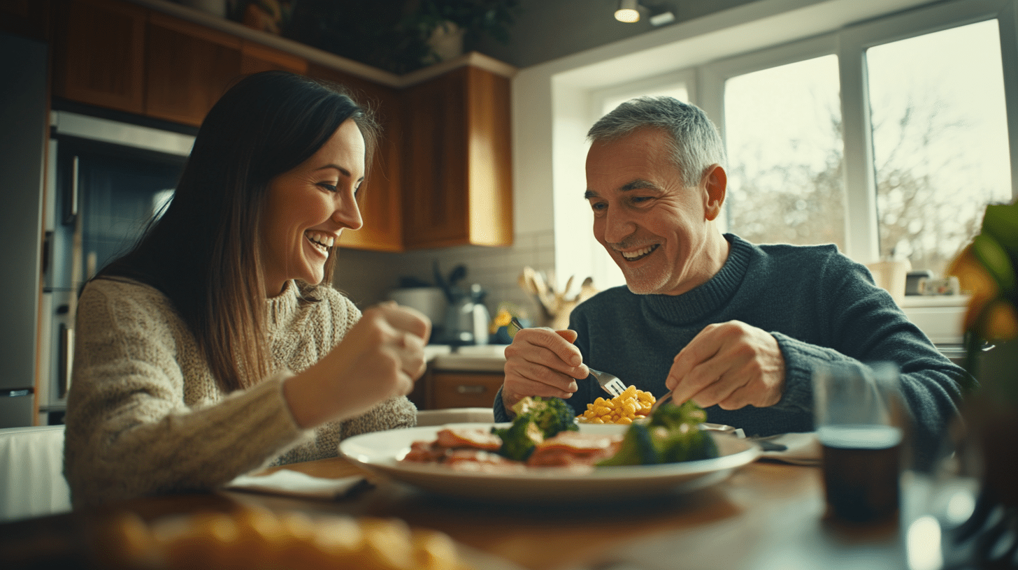 An image of middle aged couple eating a healthy meal.