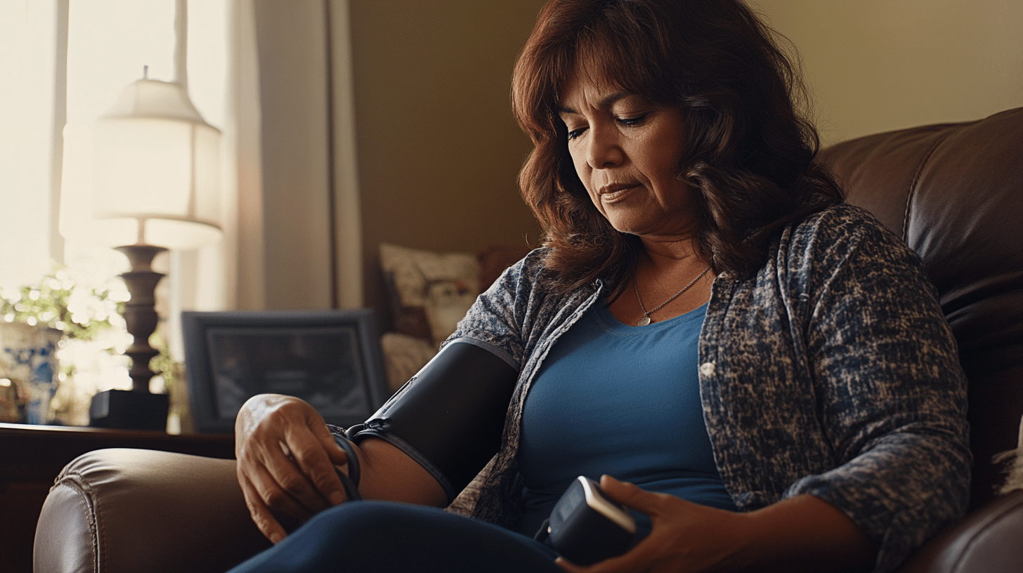 an image of a 45 year old Hispanic woman checking her blood pressure with an electric wireless blood pressure monitor. The woman should be seated in a comfortable, modern home setting, appearing relaxed and focused on the monitor on her arm.