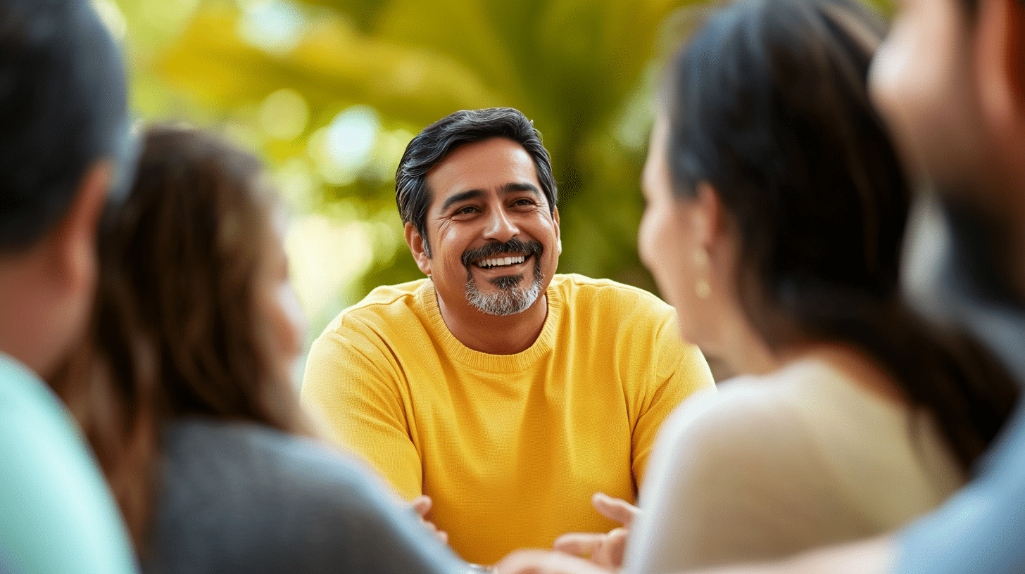 A man in his 50's talking and bonding with his weight loss support group.