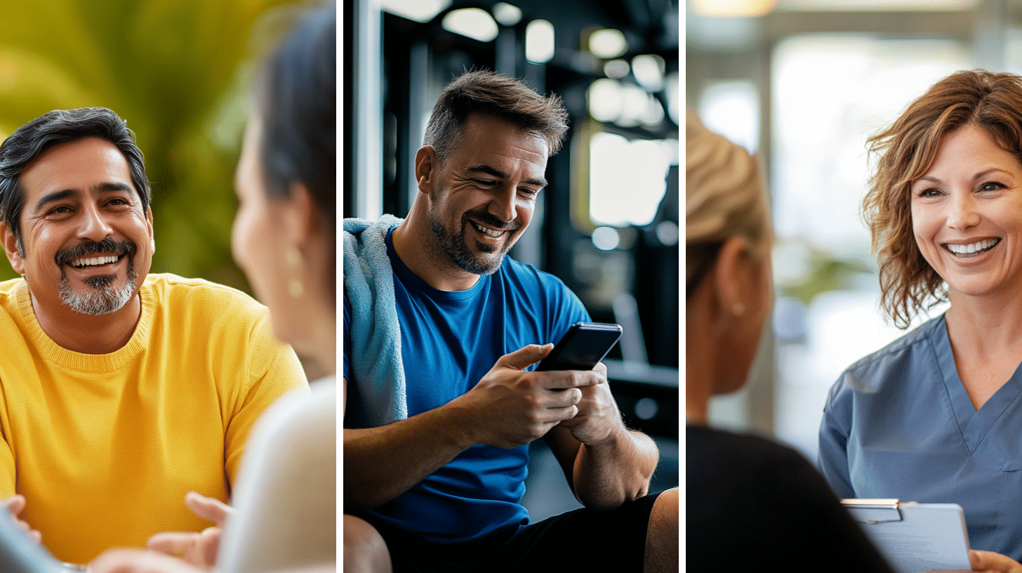 A man in his 50's talking and bonding with his weight loss support group, a middle aged man scrolling through his phone and checking his fitness tracking app, a smiling clinician assisting a patient during her clinic visit.