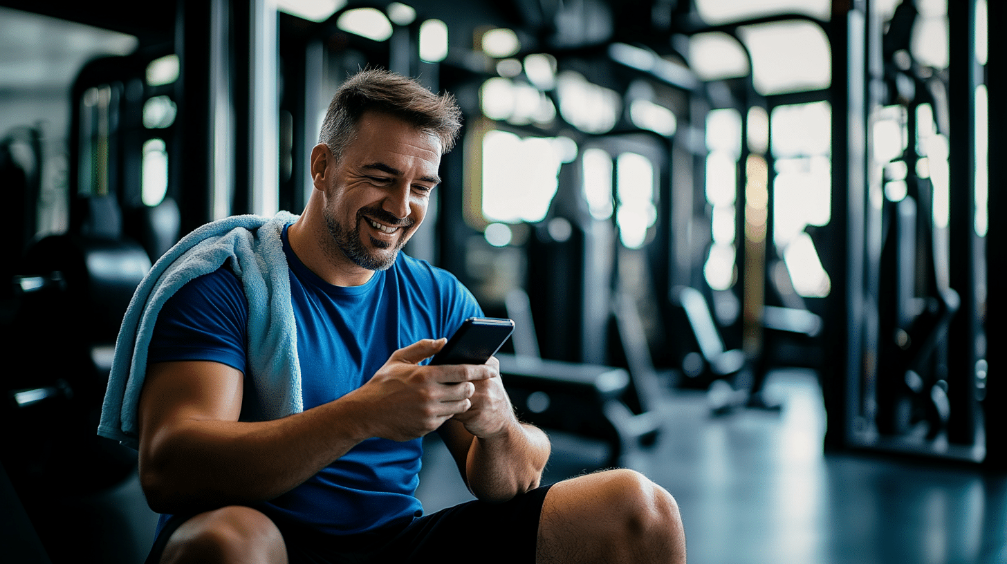 A middle aged man scrolling through his phone and checking his fitness tracking app.