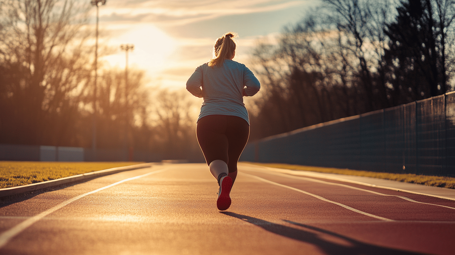 A slightly overweight woman doing running exercise in a running track.