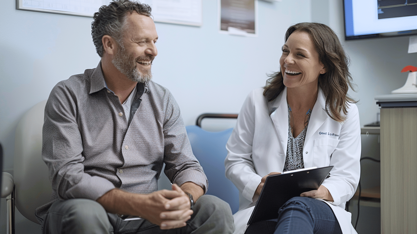 A weight loss doctor having an engaging patient consultation in the clinic.