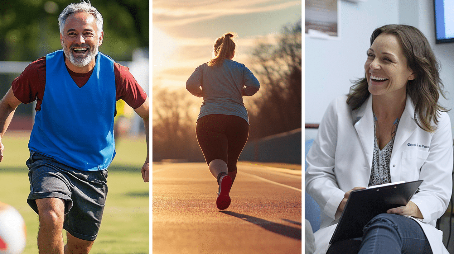 Adult middle aged men playing soccer, a slightly overweight woman doing running exercise, a weight loss doctor having an engaging patient consultation.