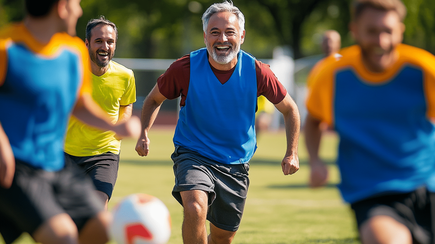 Adult middle aged men playing soccer.