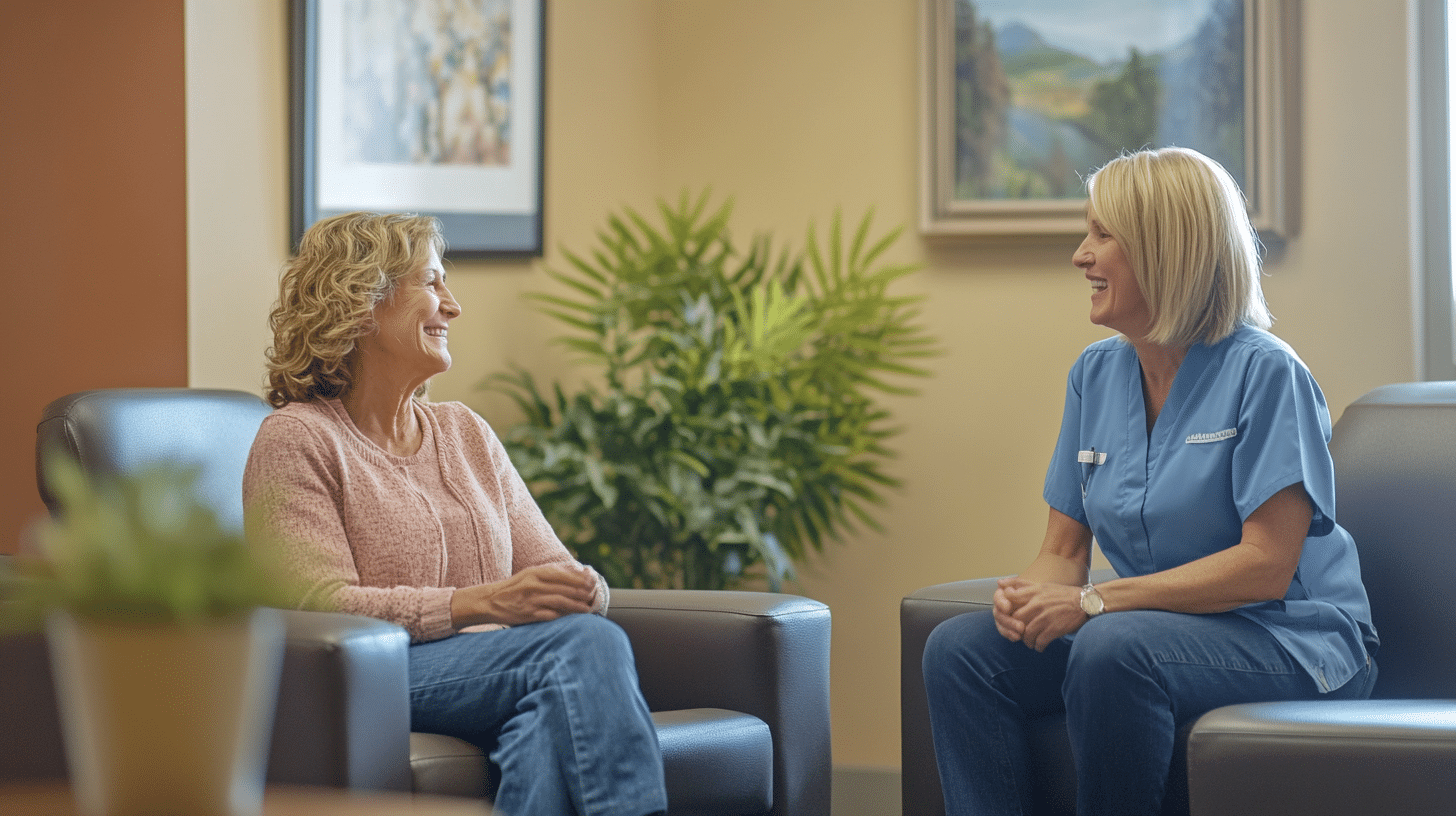 A welcoming and professional clinic setting. Show a friendly consultant in simple, casual clothing interacting with a nurse in a comfortable, well-designed consultation room with a plant in the background. The 50 year old patient is talking to the nurse practitioner