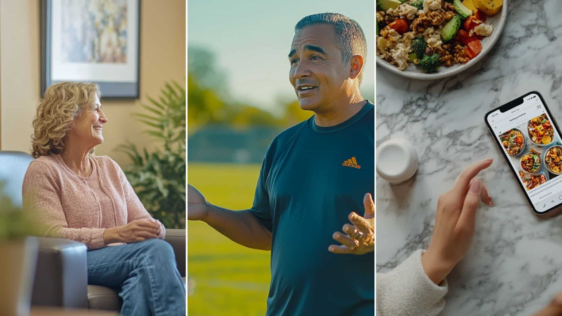 Top view of hands eating healthy meals on a marble counter, with an iPhone 15 Pro placed on the table. a 50 year old Hispanic man football coach standing on the sidelines of a green football field, actively leading a training session for kids. The coach is wearing a stylish, professional training outfit in the team's colors, focused and animated as he gestures and gives instructions. A welcoming and professional clinic setting. Show a friendly consultant in simple, casual clothing interacting with a nurse in a comfortable, well-designed consultation room with a plant in the background. The 50 year old patient is talking to the nurse practitioner.