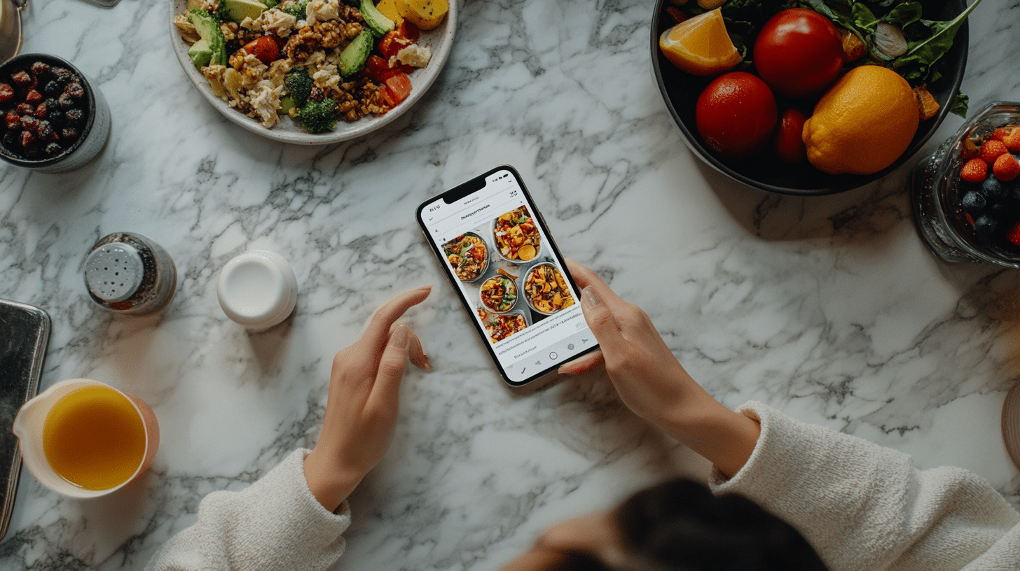 Top view of hands eating healthy meals on a marble counter, with an iPhone 15 Pro placed on the table.