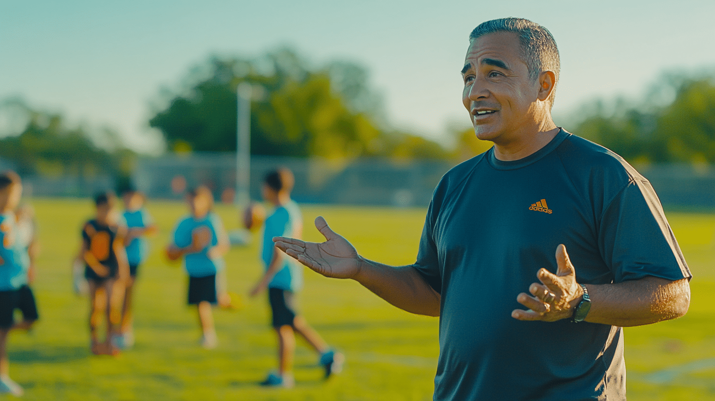 a 50 year old Hispanic man football coach standing on the sidelines of a green football field, actively leading a training session for kids. The coach is wearing a stylish, professional training outfit in the team's colors, focused and animated as he gestures and gives instructions.