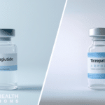 Split photo of Semaglutide and Tirzepatide in vials.