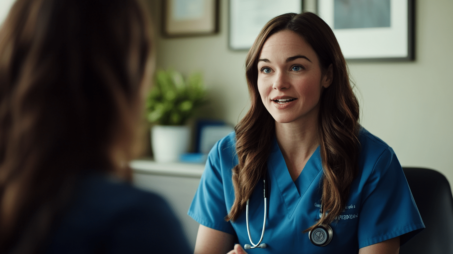 A doctor happily talking with her patient.